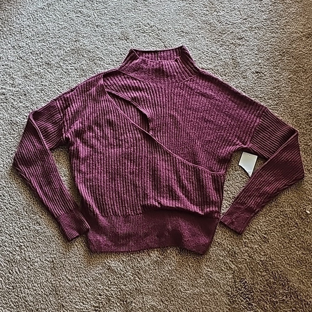 Open Edit Mock Neck Cutout Sweater Small Burgundy